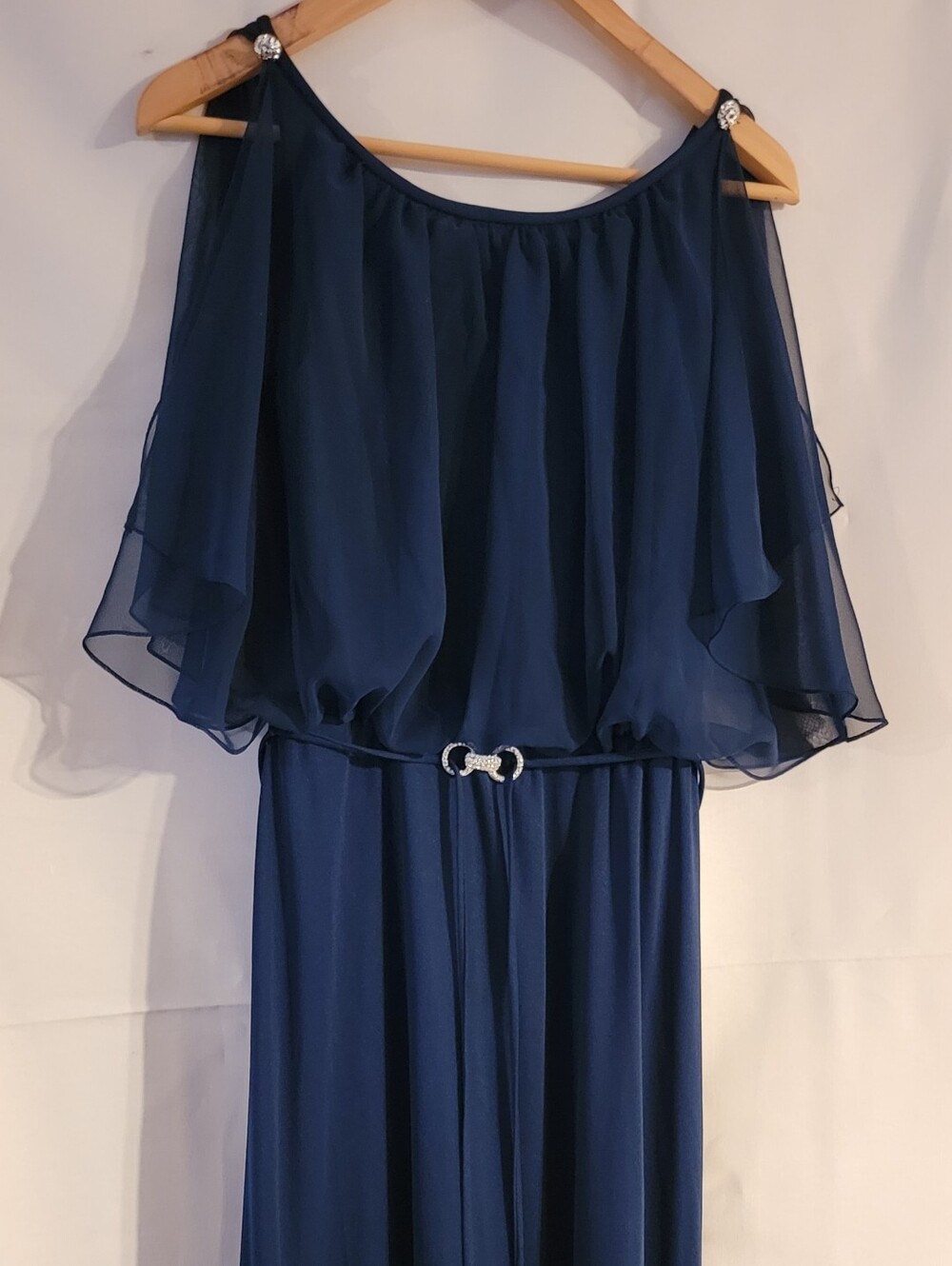 Elegant Union Made Navy Blue Women's Evening Dress with Sheer Overlay- Size 10